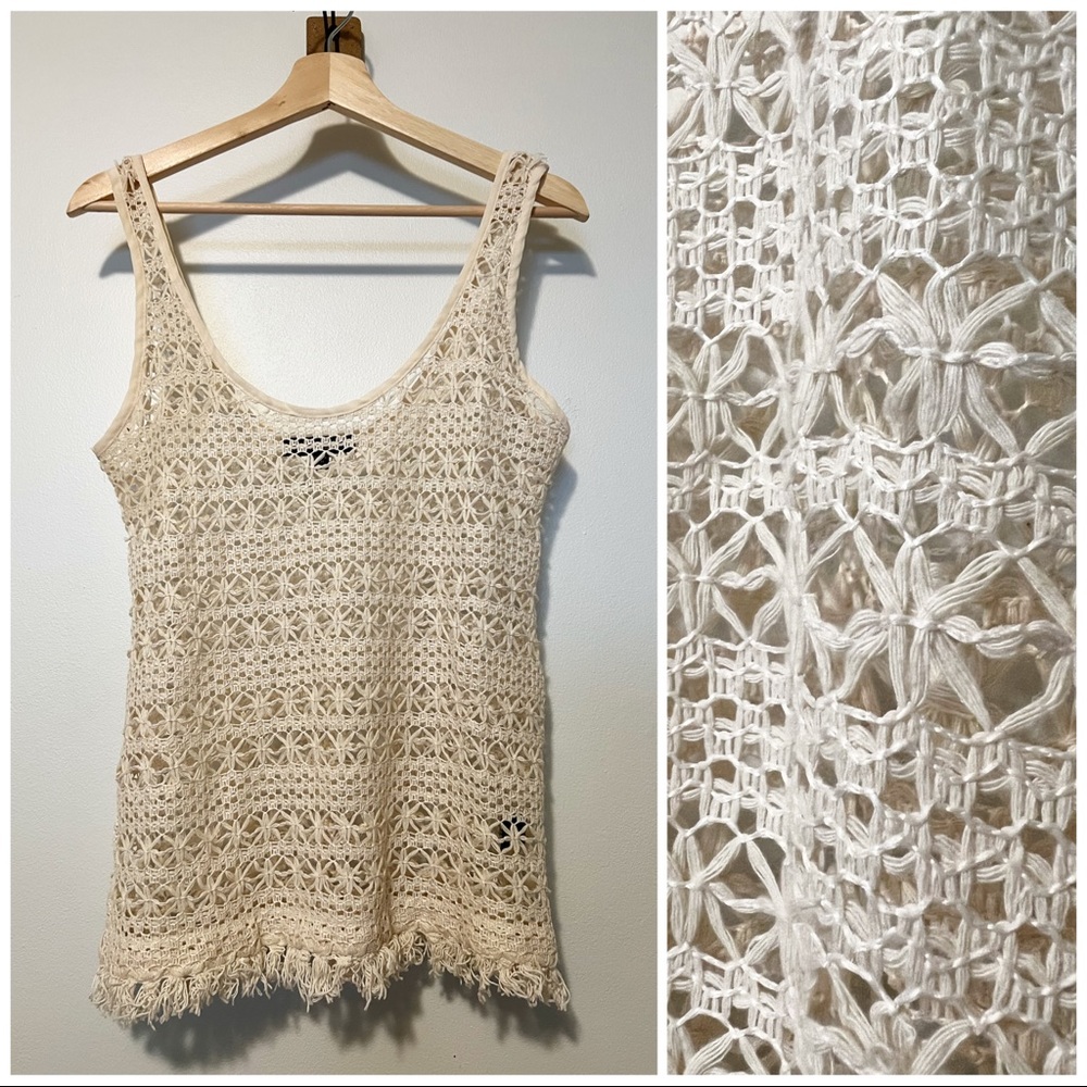 Crochet Knit Sheer Cream Tank, XS